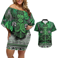 Aotearoa Iwi Ngati Maniapoto Couples Matching Off Shoulder Short Dress and Hawaiian Shirt Maori Wharenui House Tribal Pattern LT9 Dark green - Polynesian Pride