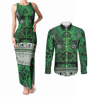 Aotearoa Iwi Ngati Maniapoto Couples Matching Tank Maxi Dress and Long Sleeve Button Shirt Maori Wharenui House Tribal Pattern LT9 Dark green - Polynesian Pride