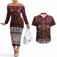 Aotearoa Iwi Te Arawa Couples Matching Off The Shoulder Long Sleeve Dress and Hawaiian Shirt Maori Wharenui House Tribal Pattern LT9 Dark Red - Polynesian Pride