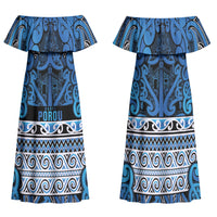 Aotearoa Iwi Ngati Porou Family Matching Off Shoulder Maxi Dress and Hawaiian Shirt Maori Wharenui House Tribal Pattern LT9 Mom's Dress Blue - Polynesian Pride