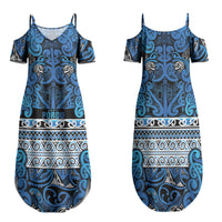 Aotearoa Iwi Ngati Porou Family Matching Summer Maxi Dress and Hawaiian Shirt Maori Wharenui House Tribal Pattern LT9 Mom's Dress Blue - Polynesian Pride