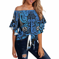 Aotearoa Iwi Ngati Porou Off Shoulder Wrap Waist Top Maori Wharenui House Tribal Pattern LT9 Blue - Polynesian Pride