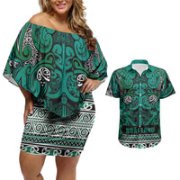 Aotearoa Iwi Ngai Tahu Couples Matching Off Shoulder Short Dress and Hawaiian Shirt Maori Wharenui House Tribal Pattern LT9 Turquoise - Polynesian Pride