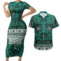 Aotearoa Iwi Ngai Tahu Couples Matching Short Sleeve Bodycon Dress and Hawaiian Shirt Maori Wharenui House Tribal Pattern LT9 Turquoise - Polynesian Pride