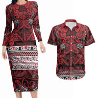 Aotearoa Iwi Ngati Kahungunu Couples Matching Long Sleeve Bodycon Dress and Hawaiian Shirt Maori Wharenui House Tribal Pattern LT9 Dark red - Polynesian Pride
