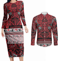Aotearoa Iwi Ngati Kahungunu Couples Matching Long Sleeve Bodycon Dress and Long Sleeve Button Shirt Maori Wharenui House Tribal Pattern LT9 Dark red - Polynesian Pride