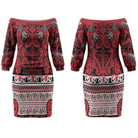 Aotearoa Iwi Ngati Kahungunu Couples Matching Off The Shoulder Long Sleeve Dress and Long Sleeve Button Shirt Maori Wharenui House Tribal Pattern LT9 - Polynesian Pride