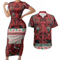 Aotearoa Iwi Tuhoe Couples Matching Short Sleeve Bodycon Dress and Hawaiian Shirt Maori Wharenui House Tribal Pattern LT9 Green Red - Polynesian Pride