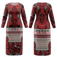 Aotearoa Iwi Tuhoe Family Matching Long Sleeve Bodycon Dress and Hawaiian Shirt Maori Wharenui House Tribal Pattern LT9 Mom's Dress Green Red - Polynesian Pride