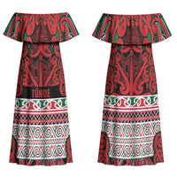 Aotearoa Iwi Tuhoe Family Matching Off Shoulder Maxi Dress and Hawaiian Shirt Maori Wharenui House Tribal Pattern LT9 Mom's Dress Green Red - Polynesian Pride
