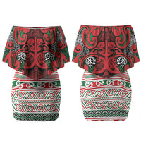 Aotearoa Iwi Tuhoe Family Matching Off Shoulder Short Dress and Hawaiian Shirt Maori Wharenui House Tribal Pattern LT9 Mom's Dress Green Red - Polynesian Pride