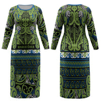Aotearoa Iwi Whakatohea Family Matching Long Sleeve Bodycon Dress and Hawaiian Shirt Maori Wharenui House Tribal Pattern LT9 Mom's Dress Olive green - Polynesian Pride