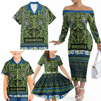 Aotearoa Iwi Whakatohea Family Matching Off The Shoulder Long Sleeve Dress and Hawaiian Shirt Maori Wharenui House Tribal Pattern LT9 - Polynesian Pride