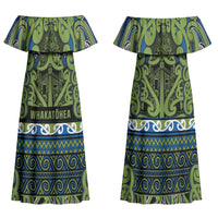 Aotearoa Iwi Whakatohea Family Matching Off Shoulder Maxi Dress and Hawaiian Shirt Maori Wharenui House Tribal Pattern LT9 Mom's Dress Olive green - Polynesian Pride
