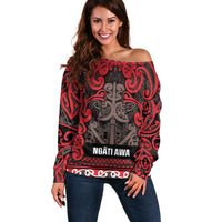 Aotearoa Iwi Ngati Awa Off Shoulder Sweater Maori Wharenui House Tribal Pattern LT9 Women Red - Polynesian Pride