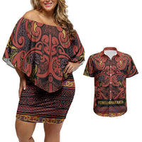 Aotearoa Iwi Rongowhakaata Couples Matching Off Shoulder Short Dress and Hawaiian Shirt Maori Wharenui House Tribal Pattern LT9 Brick Red - Polynesian Pride
