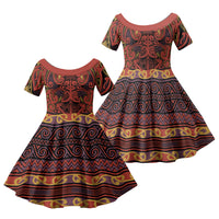 Aotearoa Iwi Rongowhakaata Family Matching Off Shoulder Short Dress and Hawaiian Shirt Maori Wharenui House Tribal Pattern LT9 Daughter's Dress Brick Red - Polynesian Pride