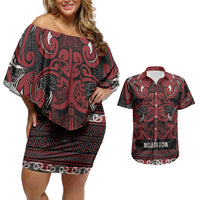 Aotearoa Iwi Ngati Toa Couples Matching Off Shoulder Short Dress and Hawaiian Shirt Maori Wharenui House Tribal Pattern LT9 Dark Red - Polynesian Pride