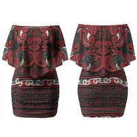 Aotearoa Iwi Ngati Toa Family Matching Off Shoulder Short Dress and Hawaiian Shirt Maori Wharenui House Tribal Pattern LT9 Mom's Dress Dark Red - Polynesian Pride