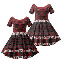 Aotearoa Iwi Ngati Toa Family Matching Puletasi and Hawaiian Shirt Maori Wharenui House Tribal Pattern LT9 Daughter's Dress Dark Red - Polynesian Pride
