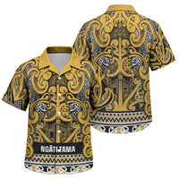 Aotearoa Iwi Ngāti Tama ki Te Waipounamu Trust Family Matching Off The Shoulder Long Sleeve Dress and Hawaiian Shirt Maori Wharenui House Tribal Pattern LT9 Son's Shirt Gold - Polynesian Pride