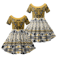 Aotearoa Iwi Ngāti Tama ki Te Waipounamu Trust Family Matching Off Shoulder Maxi Dress and Hawaiian Shirt Maori Wharenui House Tribal Pattern LT9 Daughter's Dress Gold - Polynesian Pride
