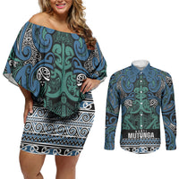 Aotearoa Iwi Ngati Mutunga Couples Matching Off Shoulder Short Dress and Long Sleeve Button Shirt Maori Wharenui House Tribal Pattern LT9 Ocean Blue - Polynesian Pride