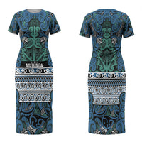 Aotearoa Iwi Ngati Mutunga Family Matching Short Sleeve Bodycon Dress and Hawaiian Shirt Maori Wharenui House Tribal Pattern LT9 Mom's Dress Ocean Blue - Polynesian Pride