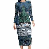 Aotearoa Iwi Ngati Mutunga Long Sleeve Bodycon Dress Maori Wharenui House Tribal Pattern LT9 Long Dress Ocean Blue - Polynesian Pride