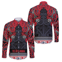Aotearoa Iwi Te ati Awa Family Matching Off The Shoulder Long Sleeve Dress and Hawaiian Shirt Maori Wharenui House Tribal Pattern LT9 Dad's Shirt - Long Sleeve Bright Red - Polynesian Pride