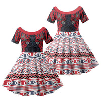Aotearoa Iwi Te ati Awa Family Matching Off The Shoulder Long Sleeve Dress and Hawaiian Shirt Maori Wharenui House Tribal Pattern LT9 Daughter's Dress Bright Red - Polynesian Pride