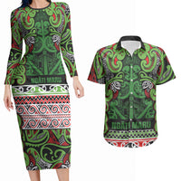 Aotearoa Iwi Ngati Maru Hauraki Couples Matching Long Sleeve Bodycon Dress and Hawaiian Shirt Maori Wharenui House Tribal Pattern LT9 Green Red - Polynesian Pride