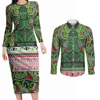 Aotearoa Iwi Ngati Maru Hauraki Couples Matching Long Sleeve Bodycon Dress and Long Sleeve Button Shirt Maori Wharenui House Tribal Pattern LT9 Green Red - Polynesian Pride