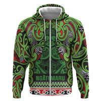 Aotearoa Iwi Ngati Maru Hauraki Hoodie Maori Wharenui House Tribal Pattern LT9 Zip Hoodie Green Red - Polynesian Pride