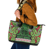 Aotearoa Iwi Ngati Maru Hauraki Leather Tote Bag Maori Wharenui House Tribal Pattern LT9 Green Red - Polynesian Pride