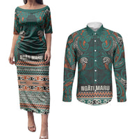Aotearoa Iwi Ngāti Maru Taranaki Couples Matching Puletasi and Long Sleeve Button Shirt Maori Wharenui House Tribal Pattern LT9 Deep Teal - Polynesian Pride