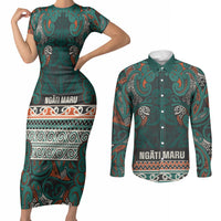 Aotearoa Iwi Ngāti Maru Taranaki Couples Matching Short Sleeve Bodycon Dress and Long Sleeve Button Shirt Maori Wharenui House Tribal Pattern LT9 Deep Teal - Polynesian Pride