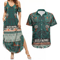 Aotearoa Iwi Ngāti Maru Taranaki Couples Matching Summer Maxi Dress and Hawaiian Shirt Maori Wharenui House Tribal Pattern LT9 Deep Teal - Polynesian Pride