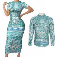 Aotearoa Iwi Ngati Paoa Couples Matching Short Sleeve Bodycon Dress and Long Sleeve Button Shirt Maori Wharenui House Tribal Pattern LT9 Turquoise - Polynesian Pride