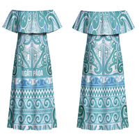 Aotearoa Iwi Ngati Paoa Family Matching Off Shoulder Maxi Dress and Hawaiian Shirt Maori Wharenui House Tribal Pattern LT9 Mom's Dress Turquoise - Polynesian Pride