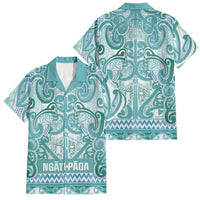 Aotearoa Iwi Ngati Paoa Family Matching Off Shoulder Maxi Dress and Hawaiian Shirt Maori Wharenui House Tribal Pattern LT9 Dad's Shirt - Short Sleeve Turquoise - Polynesian Pride