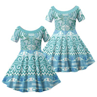 Aotearoa Iwi Ngati Paoa Family Matching Off Shoulder Maxi Dress and Hawaiian Shirt Maori Wharenui House Tribal Pattern LT9 Daughter's Dress Turquoise - Polynesian Pride