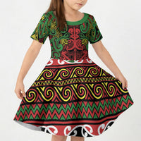 Aotearoa Iwi Ngati Hine Kid Short Sleeve Dress Maori Wharenui House Tribal Pattern LT9 KID Deep Green - Polynesian Pride