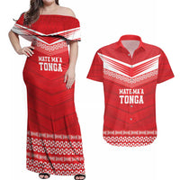 Custom Mate Ma'a Tonga Heritage Couples Matching Off Shoulder Maxi Dress and Hawaiian Shirt Pacific Tribal Rugby Red Edition - Polynesian Pride