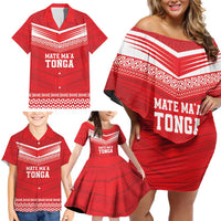 Custom Mate Ma'a Tonga Heritage Family Matching Off Shoulder Short Dress and Hawaiian Shirt Pacific Tribal Rugby Red Edition - Polynesian Pride