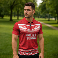 Custom Mate Ma'a Tonga Heritage Zipper Polo Shirt Pacific Tribal Rugby Red Edition - Polynesian Pride