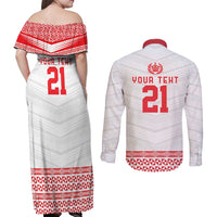 Custom Mate Ma'a Tonga Heritage Couples Matching Off Shoulder Maxi Dress and Long Sleeve Button Shirt Pacific Tribal Rugby White Edition - Polynesian Pride