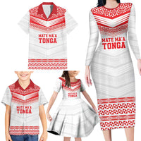 Custom Mate Ma'a Tonga Heritage Family Matching Long Sleeve Bodycon Dress and Hawaiian Shirt Pacific Tribal Rugby White Edition - Polynesian Pride