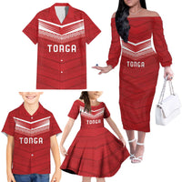 Custom Pacific Rugby Spirit Family Matching Off The Shoulder Long Sleeve Dress and Hawaiian Shirt Tonga Ngatu Pride Red Edition - Polynesian Pride