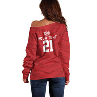 Custom Pacific Rugby Spirit Off Shoulder Sweater Tonga Ngatu Pride Red Edition - Polynesian Pride